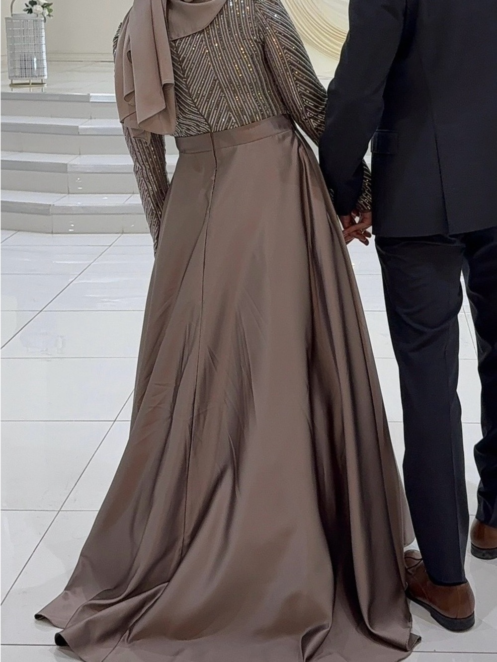 Elegant Taupe Long Sleeve Sequin Bodice Evening Gown